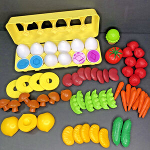Children’s Plastic Toy Food 66pc Lot Fruits Veggies Beans Eggs W/ Carton CN